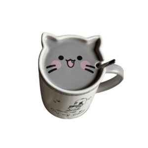 Caneca bigodinho de gato cinza com tampa e colher